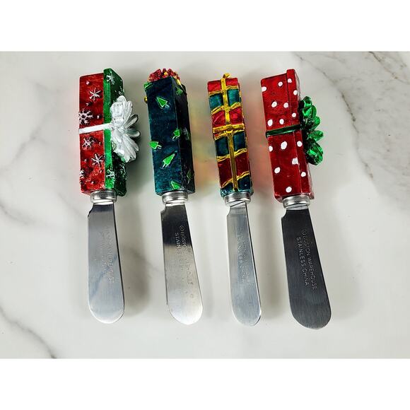 Boston Warehouse Cheese Butter Spreaders 90's Christmas 4 7/8 Stainless China x4 - Picture 1 of 13